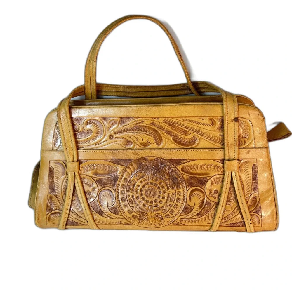 Mexican Tan Leather Rose Detail Tooled Vintage 50-60s Satchel Handbag
